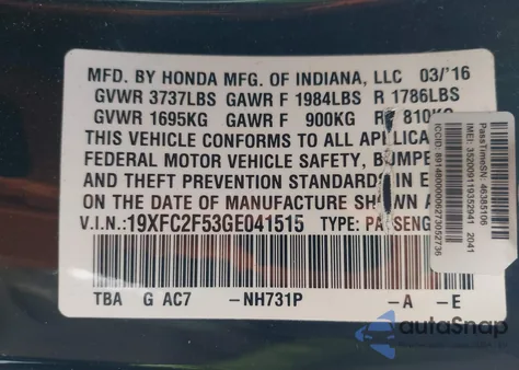 2016 Honda Civic Lx from USA, damaged, VIN 19XFC2F53GE041515